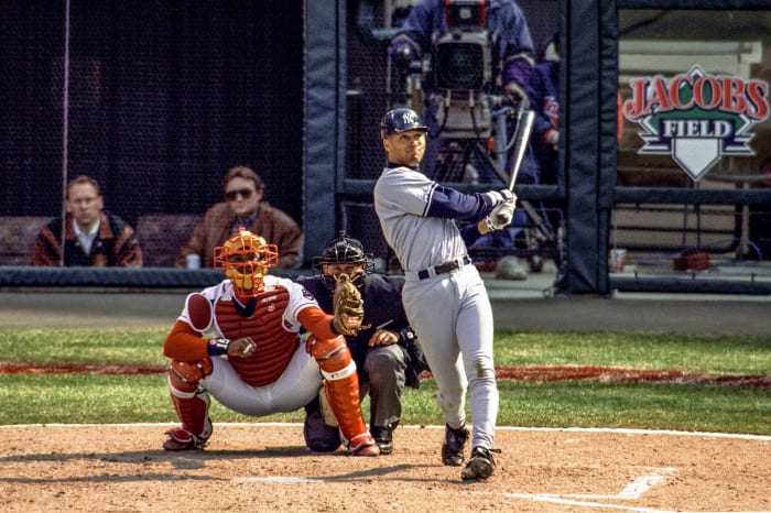 Derek Jeter hits a home run on Opening Day in 1996 at Jacobs Field in Cleveland.